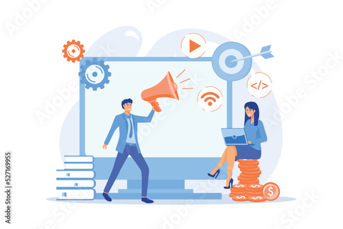 Digital marketing benefit. Web analytics. Programmers working in team. Marketing activity. Attribution modeling, brand insight, measurement tools concept.