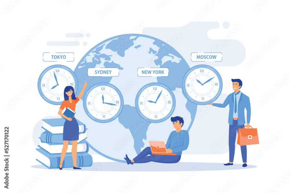 Worldwide business, international company branches. Clocks showing local timezone. Time zones, international time, world business time concept. Worldwide business, international company branches. Clocks showing local timezone. Time zones, international time, world business time concept.