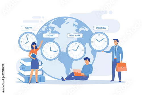 Worldwide business, international company branches. Clocks showing local timezone. Time zones, international time, world business time concept.