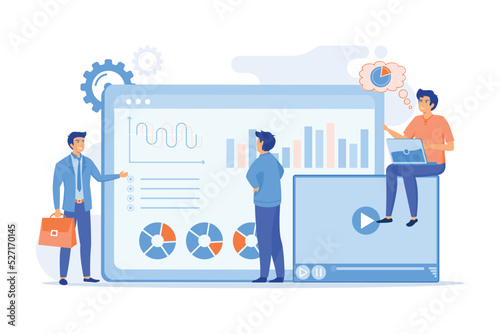 Data analysis, business analytics, SMM strategy. Analysts team working. Social media dashboard, online marketing interface, social media metrics concept.