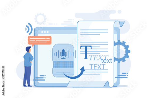 Speech-to-text app, voice recognition application. Convert speech to text, multi-language speech recognizer, voice-to-text software concept. flat vector modern illustration