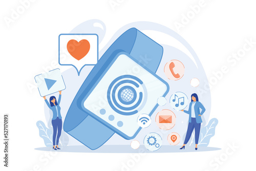 Smartwatch with applications icons and users. Smartwatch app, smartwatch development and smartwatch software concept on white background. flat vector modern illustration