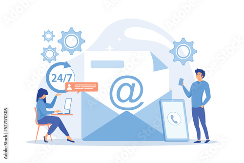 Email marketing, Internet chatting, 24 hours support. Get in touch, initiate contact, contact us, feedback online form, talk to customers concept. flat vector modern illustration