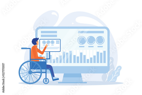 Handicapped man in wheelchair. Injured character rehabilitation. Assistive technology, devices for disabled people, adopted technologies concept. flat vector modern illustration