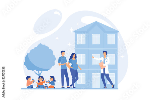 Family phisician with husband, pregnant wife and playing children. Family doctor, medical family practice, primary healthcare care concept. flat vector modern illustration photo