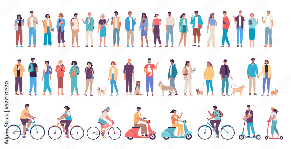  Different modern people chatting, walking with dogs, cats and pets, riding bicycles and scooters characters vector design