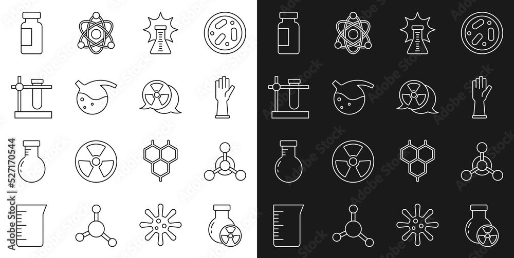 Set line Test tube radiation, Molecule, Medical rubber gloves, Chemical explosion, and flask, stand, and Radioactive icon. Vector Set line Test tube radiation, Molecule, Medical rubber gloves, Chemical explosion, and flask, stand, and Radioactive icon. Vector