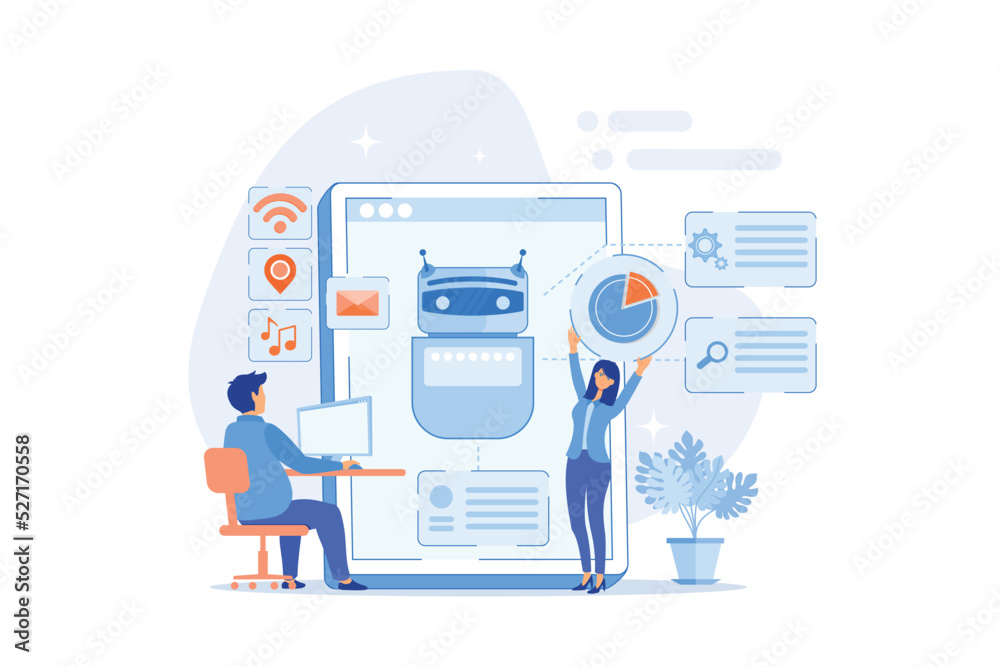 Programmers and chatbot processing natural language. Natural language processing, chatbot natural language, natural language scince concept. flat vector modern illustration Programmers and chatbot processing natural language. Natural language processing, chatbot natural language, natural language scince concept. flat vector modern illustration