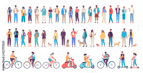  Different modern people chatting, walking with dogs, cats and pets, riding bicycles and scooters characters vector design
