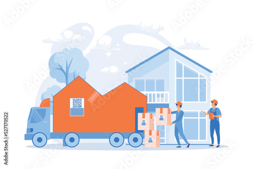 Home relocation, client boxes and cardboard containers in truck. Moving house services, door-to-door removals, best movers service concept. flat vector modern illustration