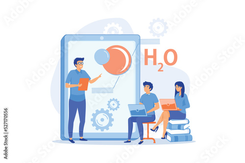 Professor teaching sudents science with help of tablet and augmented reality. Virtual reality, visual education, engaging teaching methods concept. flat vector modern illustration