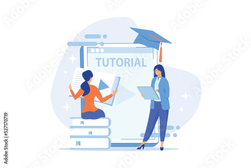Students watching video tutorial on tablet with player sign. Online education, web educational video, online courses and training, e-learning concept. flat vector modern illustration