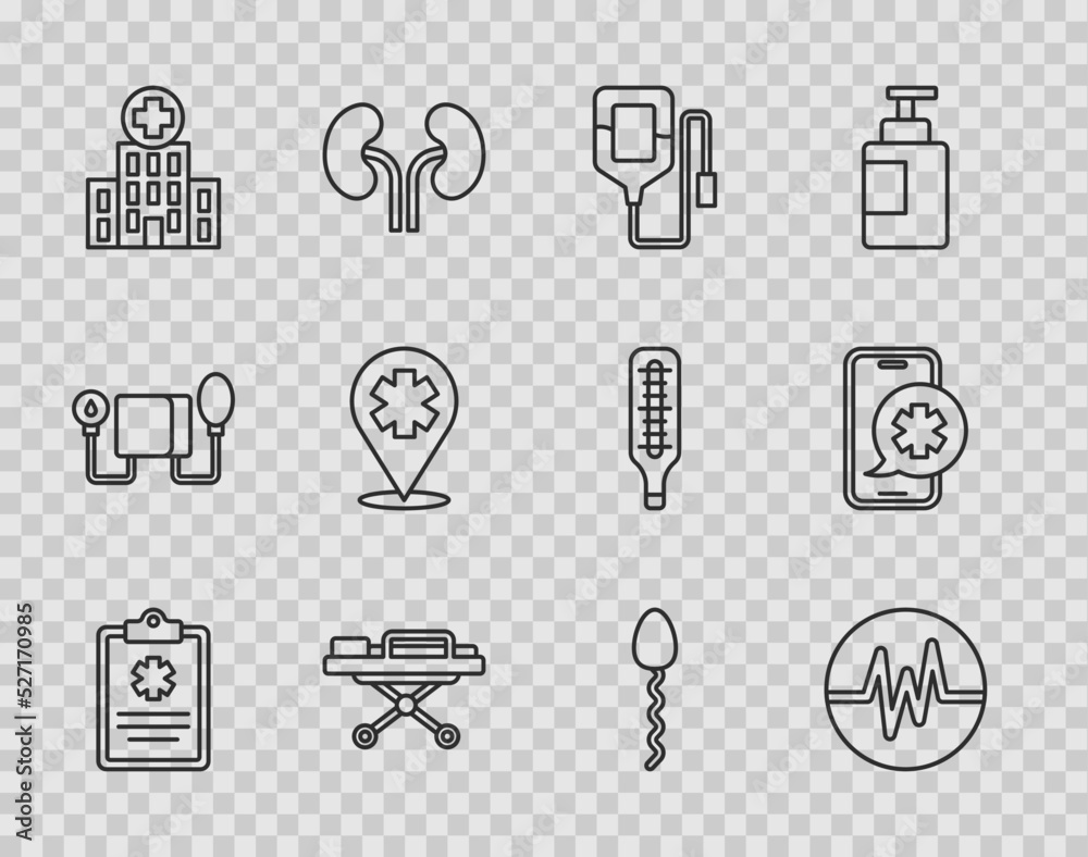 Set line Clinical record, Heart rate, IV bag, Stretcher, Medical hospital building, Location with cross, Sperm and Emergency phone call icon. Vector Set line Clinical record, Heart rate, IV bag, Stretcher, Medical hospital building, Location with cross, Sperm and Emergency phone call icon. Vector