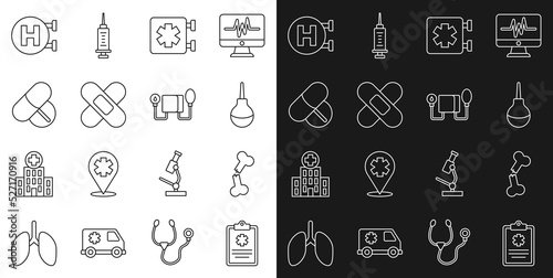 Set line Clinical record, Human broken bone, Enema, Medical symbol of the Emergency, Crossed bandage plaster, Medicine pill tablet, Hospital signboard and Blood pressure icon. Vector