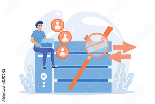 Developer working with management information system. Information system security and integrity, big data, financial information organization concept. flat vector modern illustration