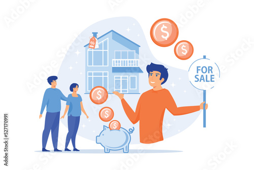 Married couple searching home. Realtor offering property with discount. House for sale, selling house best deal, real estate agent services concept. flat vector modern illustration