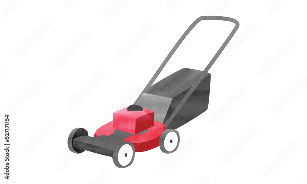 Lawn mower machine watercolor drawing. Simple lawn mower clipart vector illustration isolated on white background. Lawn mower cartoon style hand draw. Gardening clipart. Push mower vector design