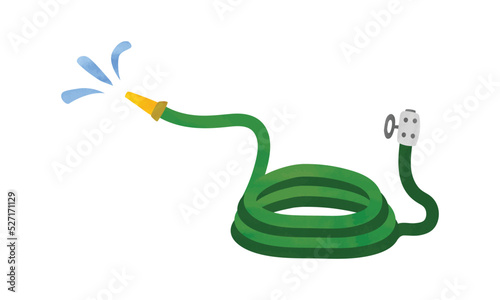 Green garden hose watercolor hand drawn illustration isolated on white background. Garden watering hose clipart drawing. Garden water irrigation equipment. Agriculture work equipment, vector design