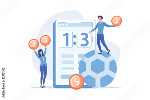 Tiny people, businessman betting on football and bookmaker at big smartphone with score. Sports betting, bookmaker market, sports wagering concept. flat vector modern illustration