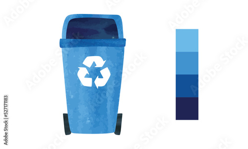 Blue recycling bin with recycle symbol, blue color palette watercolor drawing isolated on white background. Recycle bin clipart. Rubbish can vector illustration. Simple garbage can hand drawn cartoon