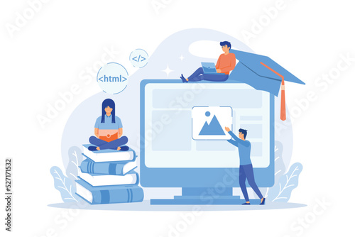 E-learning, online classes and webinars. Remote IT studying. Web development courses, web development programming, top online coding courses concept. flat vector modern illustration