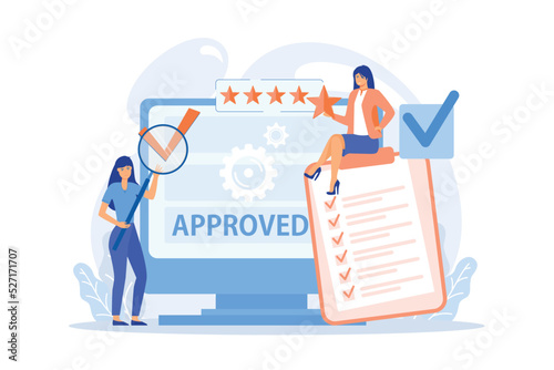 Approval mark. Product advantage. Rating and reviews. Meeting requirements. High quality sign, quality control sign, quality assurance sign concept. flat vector modern illustration