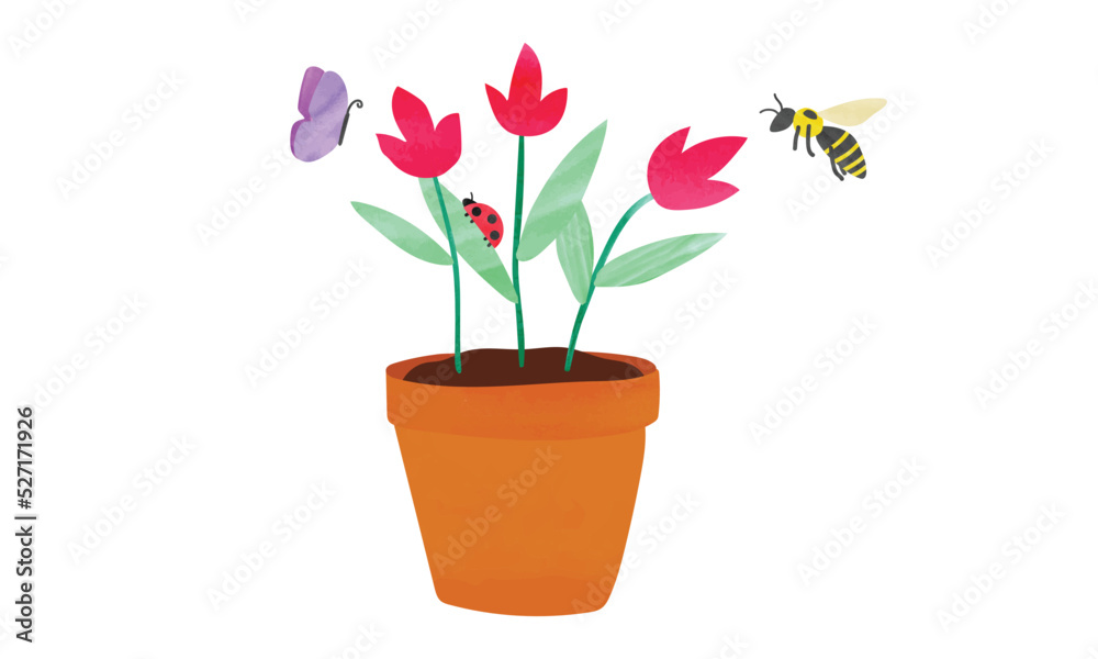 Flower pot with colorful flowers, bee, ladybug and butterfly watercolor drawing isolated on white background. Flowerpot clipart. Brown plastic flower pot cartoon style. Hand drawn flower pot Flower pot with colorful flowers, bee, ladybug and butterfly watercolor drawing isolated on white background. Flowerpot clipart. Brown plastic flower pot cartoon style. Hand drawn flower pot