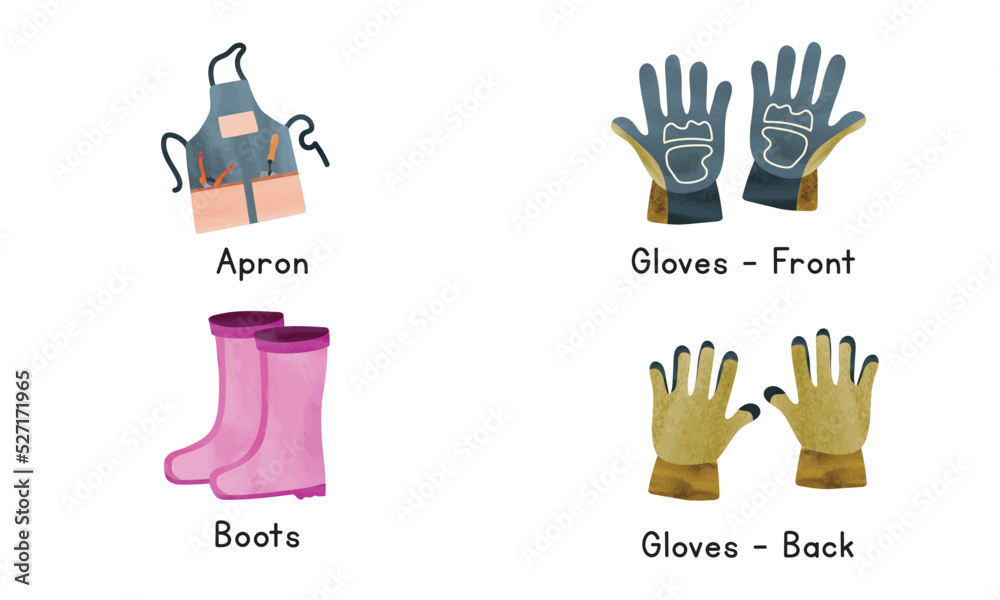 Gardening tools watercolor painting. Garden apron, gloves and boots clipart. Garden wearing protection watercolor isolated on white background