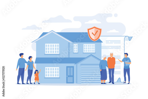 Property insurance, testament signing, house buying. Retirement estate planning, inheritance planning, financial advisor and lawyer services concept. flat vector modern illustration