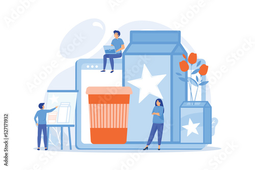 Marketing strategy, promo campaign, designer creating content. Packaging design, distinctively designed packaging, catch the customer eye concept. flat vector modern illustration
