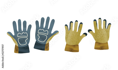 Simple gardening gloves watercolor hand drawn isolated on white background. Garden gloves clipart. Front side and back side. Vector illustration