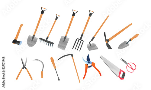 Gardening tools set watercolor illustration isolated on white background. Garden items clipart bundle. Axe, shovel, spade, rake, pitchfork, hoe, mattock, trowel, sickle, scythe, pruning saw, pruners