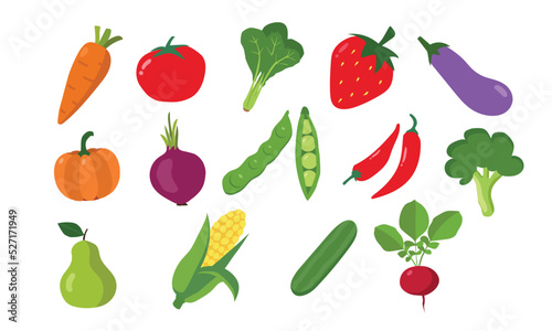 Set of fruits and vegetables clipart vector design. Carrot, tomato, spinach, eggplant, radish, corn, cucumber, broccoli, onion, pear, green been, chilli, strawberry, pumpkin clipart flat cartoon style