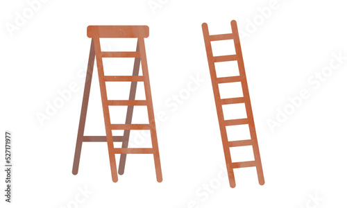 Set of wooden ladders watercolor painting style. Step ladder and straight ladder clipart. Cartoon stepladders for builders, painters and gardeners. Vector illustration set isolated on white background