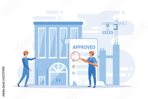 Architectural project approval, safety check. Construction quality control, construction quality management, hire your quality technician abstract concept. flat vector modern illustration