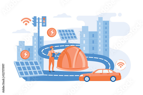 Building engineer and smart road using sensors and solar energy. Smart roads construction, smart highway technology, IoT city technology abstract concept. flat vector modern illustration
