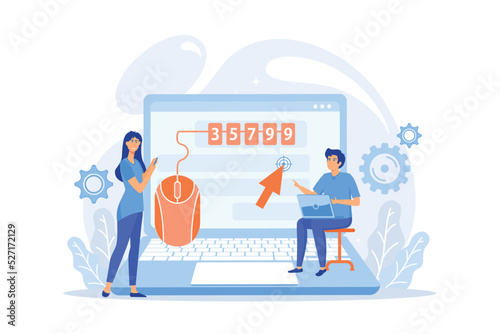 Marketers analyzing digital marketplace. Search engine marketing. Click tracking, clients behavior control, user friendly ad concept. flat vector modern illustration