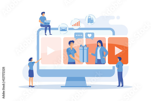 Video chatting, Internet hosting. Market tendencies analyzing. Visual storytelling, eye-catching design trend, best visual communication concept. flat vector modern illustration
