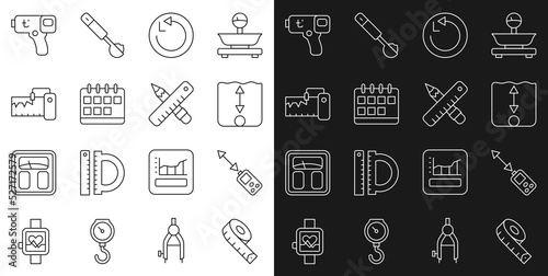 Set line Measuring tape, Laser distance measurer, Depth measurement, Radius, Calendar, instrument, Digital thermometer and Crossed ruler and pencil icon. Vector