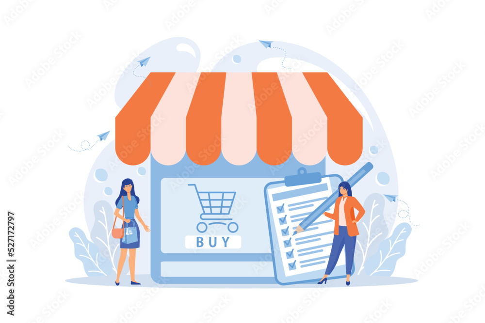 woman doing purchases from shopping list. Customer with package, buying goods. Purchase agreement, in-app purchase, buying process concept. flat vector modern illustration woman doing purchases from shopping list. Customer with package, buying goods. Purchase agreement, in-app purchase, buying process concept. flat vector modern illustration