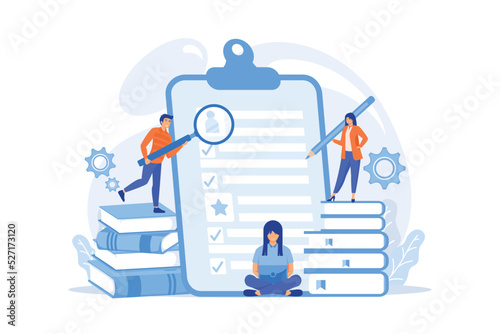 HR managers looking at curriculum vitae of job seeker as a concept of job interview, working experience, recruitment, job application. flat vector modern illustration