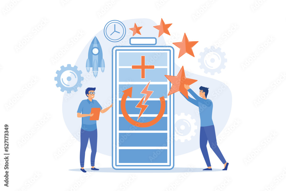 Engineers with battery charging, clock and stars with rocket. Fast charging technology, fast-charge batteries, new battery engineering concept. flat vector modern illustration Engineers with battery charging, clock and stars with rocket. Fast charging technology, fast-charge batteries, new battery engineering concept. flat vector modern illustration