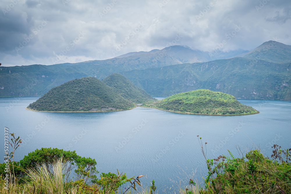 panoramic view of cuicocha lagoon, ecuador