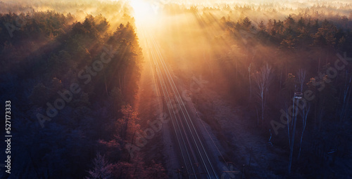 Railway autumn forest dawn view from a height