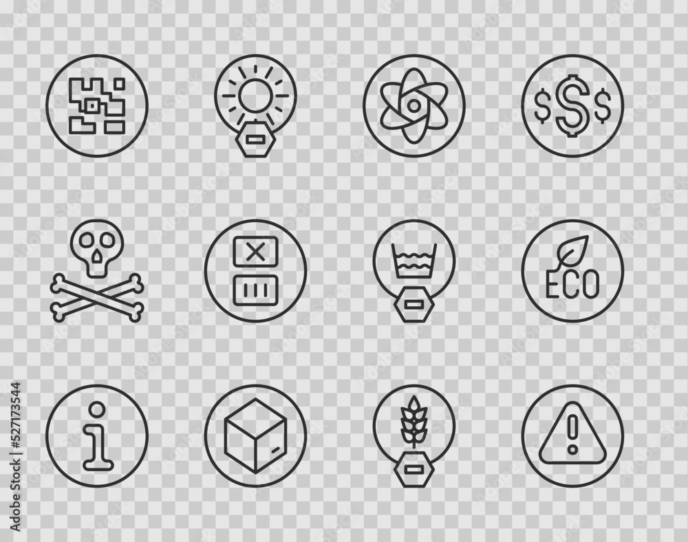 Set line Information, Exclamation mark in triangle, Test tube and flask, Carton cardboard box, QR code, Temperature wash, Gluten free grain and Leaf Eco symbol icon. Vector Set line Information, Exclamation mark in triangle, Test tube and flask, Carton cardboard box, QR code, Temperature wash, Gluten free grain and Leaf Eco symbol icon. Vector
