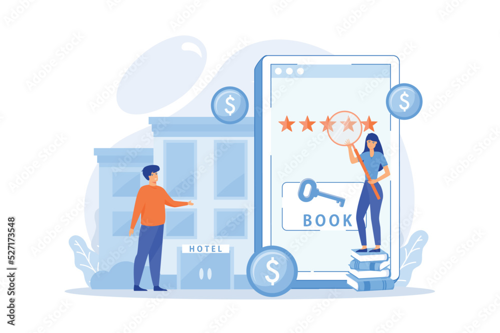Booking accommodation mobile application. Website for ordering guestrooms, finding hostels location. Hotel room reservation concept. flat vector modern illustration Booking accommodation mobile application. Website for ordering guestrooms, finding hostels location. Hotel room reservation concept. flat vector modern illustration