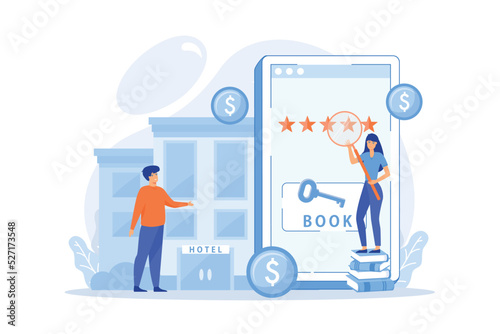 Booking accommodation mobile application. Website for ordering guestrooms, finding hostels location. Hotel room reservation concept. flat vector modern illustration