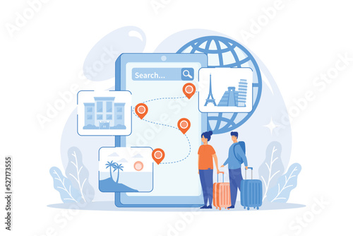 Travel destination choosing, accommodation booking system. Tour navigator, event management mobile app, smart trip navigation online concept. flat vector modern illustration