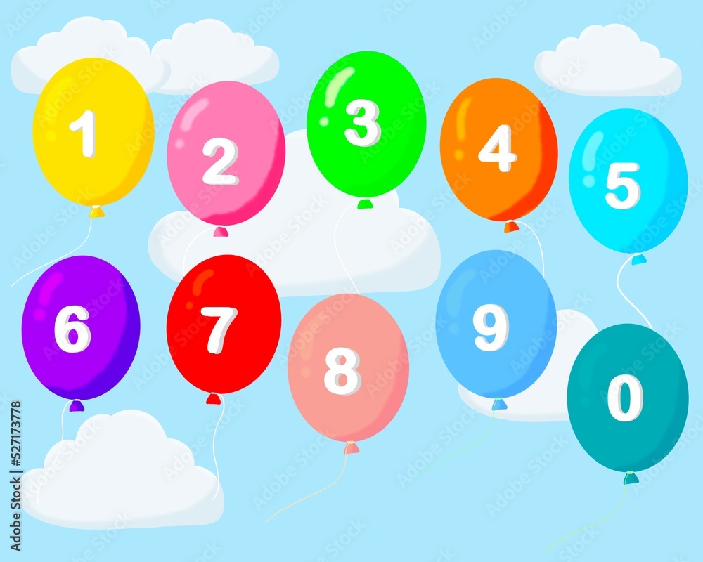 Set of colorful balloons isolated on sky background.teaching materials,day, have number. Set of colorful balloons isolated on sky background.teaching materials,day, have number.