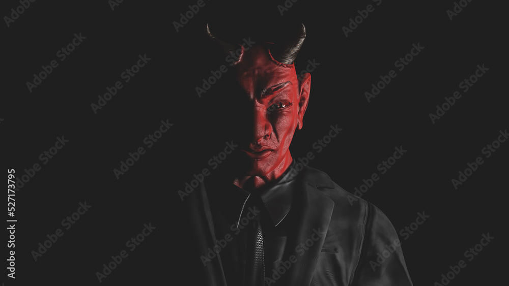 Appearance of red devil from the darkness. light from the side. Horror or religion concept scene. 3D Render. Appearance of red devil from the darkness. light from the side. Horror or religion concept scene. 3D Render.